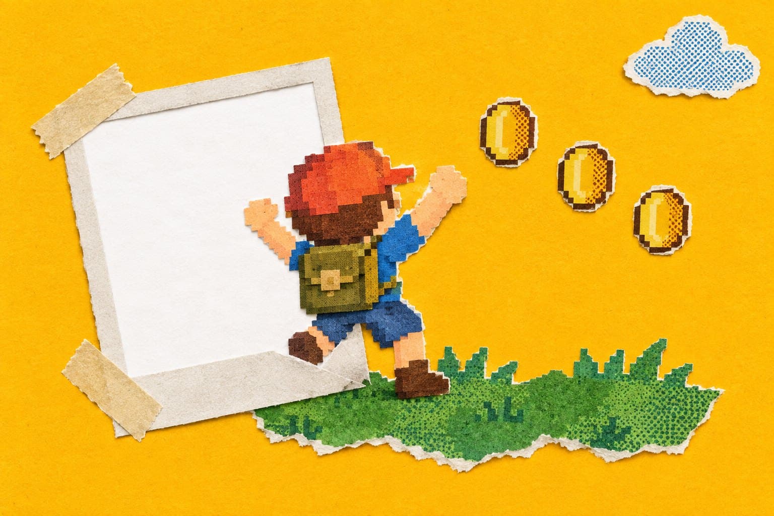 Zine-style collage: a taped-down instant photo frame on an amber ground, with a cut-paper pixel adventurer stepping out of the blank frame toward three coins and a cloud.