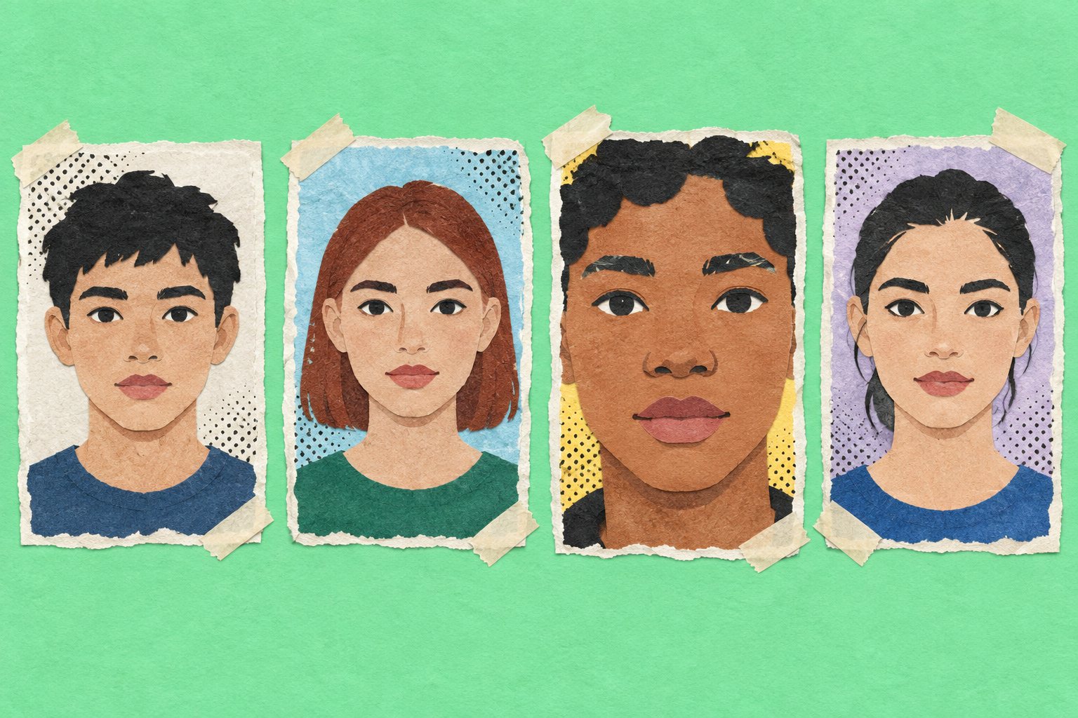 Zine-style collage: four cut-paper portrait cards taped to a green ground, each a front-facing face in even light.
