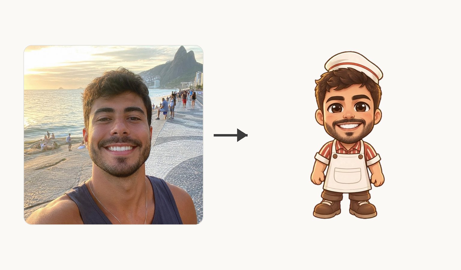 Left, the beach selfie of a smiling man with stubble. Right, the baker boy drawn again from it: a chibi man with dark hair and a beard in the same paper hat, striped shirt and apron, facing the player.