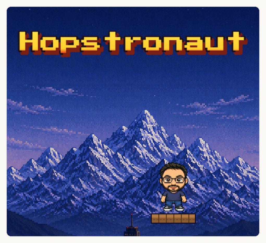 The Hopstronaut title screen: pixel-art snowy mountains under a night sky, with a chibi character in glasses and a beard standing on a wooden platform, drawn from the author's photo.