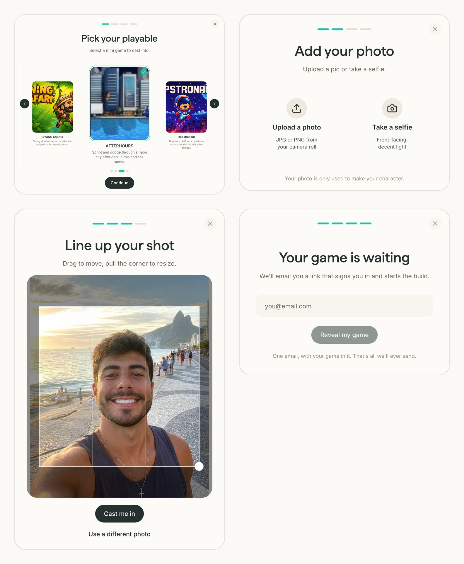 Four screens of the front-page flow: Pick your playable, Add your photo, Line up your shot with a square crop over a selfie, and Your game is waiting with an email field.