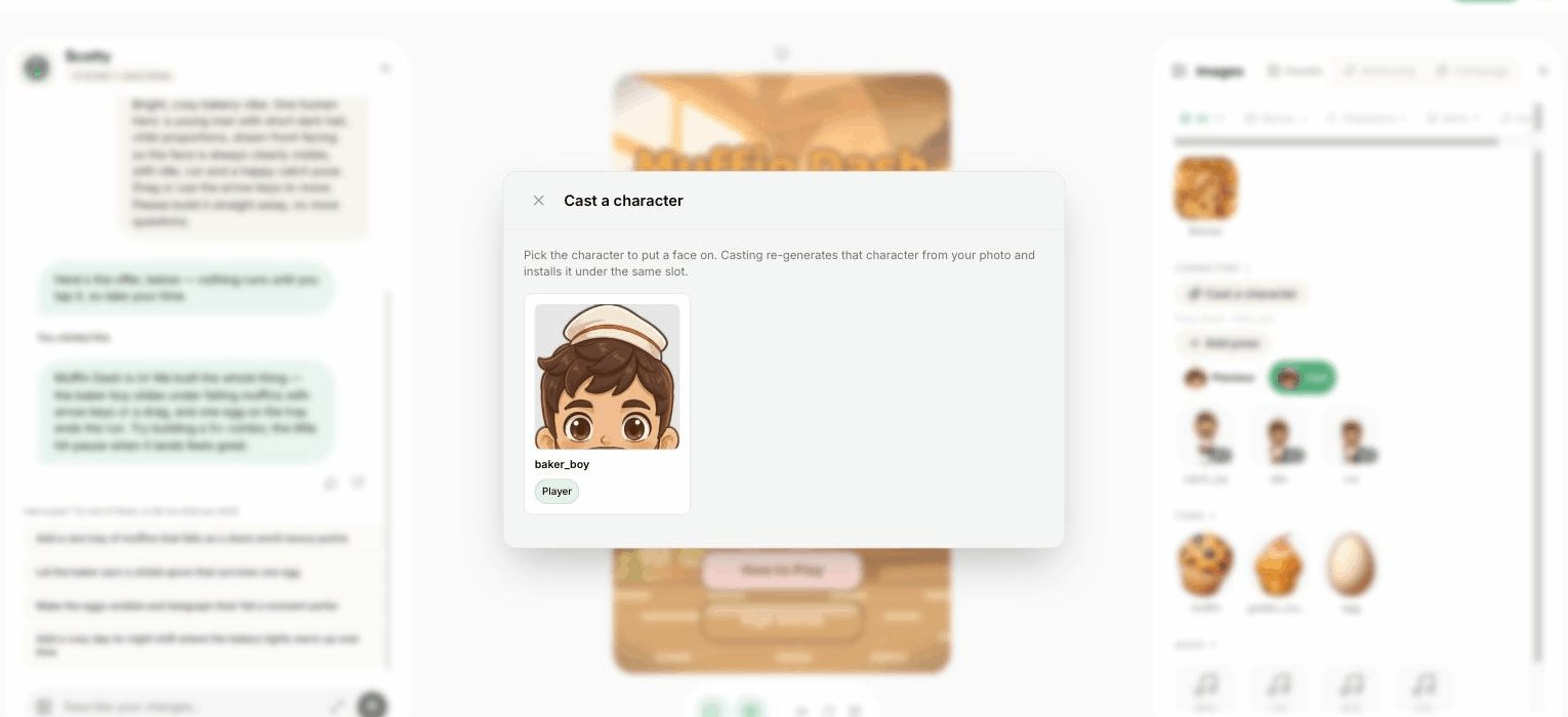 The Cast a character modal listing the game's one castable character, the baker boy, with his portrait and a Player badge.
