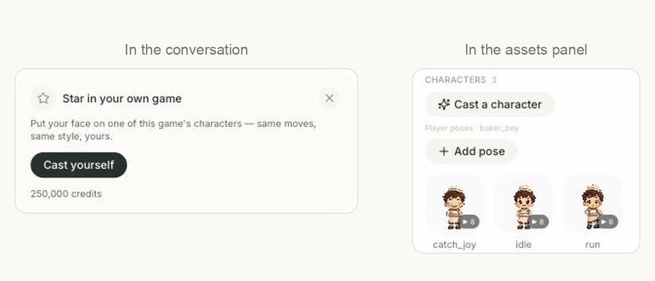 Two crops of the Studio side by side. On the left, a card in the conversation headed Star in your own game with a Cast yourself button. On the right, the assets panel with a Cast a character button above the baker boy's three poses.