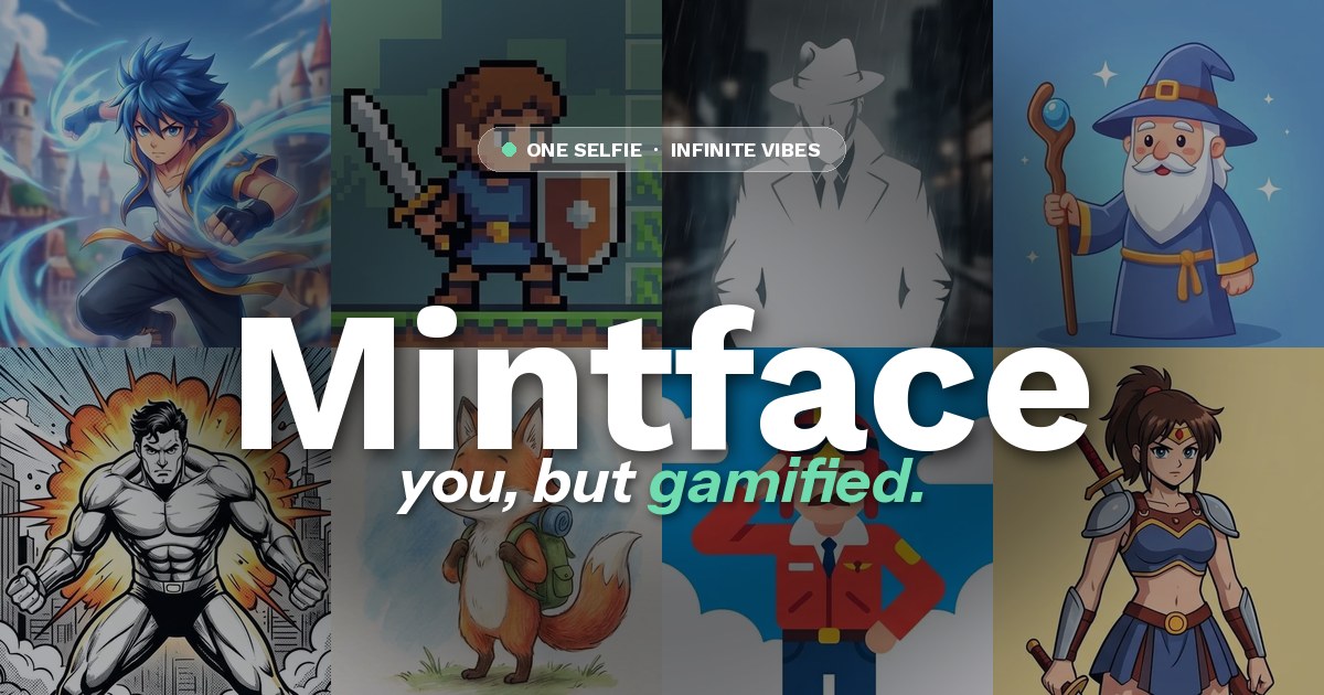 A mosaic of Mintface characters across eight art styles — anime, pixel, noir, vector, comic, storybook, arcade, cel-shaded